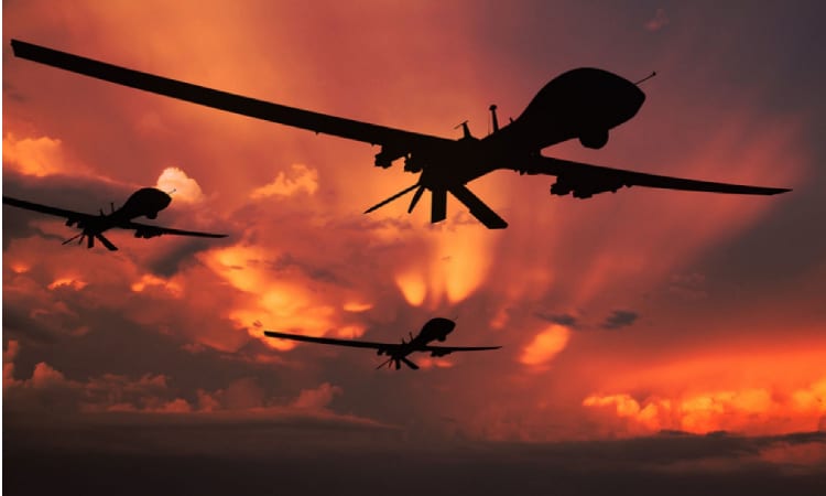 military drones silhouettes with armed and missiles.