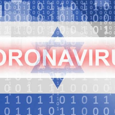 Israel flag and futuristic digital abstract composition with Coronavirus inscription