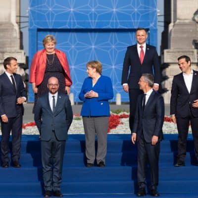 Jens Stoltenberg, Donald Trump, Emmanuel Macron and Angela Merkel at NATO Summit