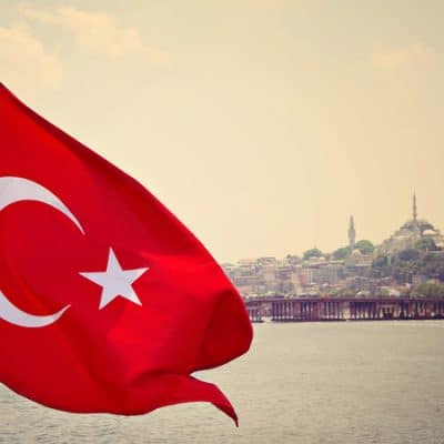 Turkey flag in Bosphorus and Sultanahmed Camii