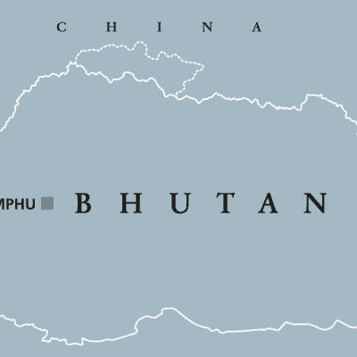 Bhutan political map with capital Thimphu and borders. English labeling.