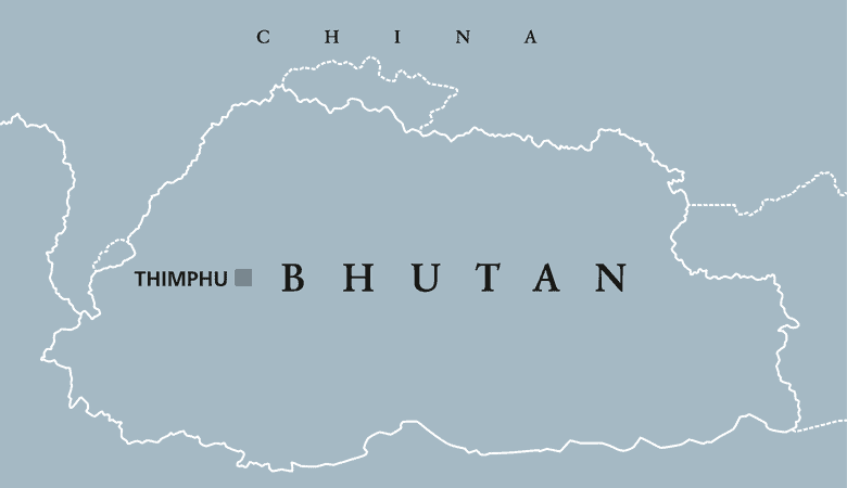 Bhutan political map with capital Thimphu and borders. English labeling.